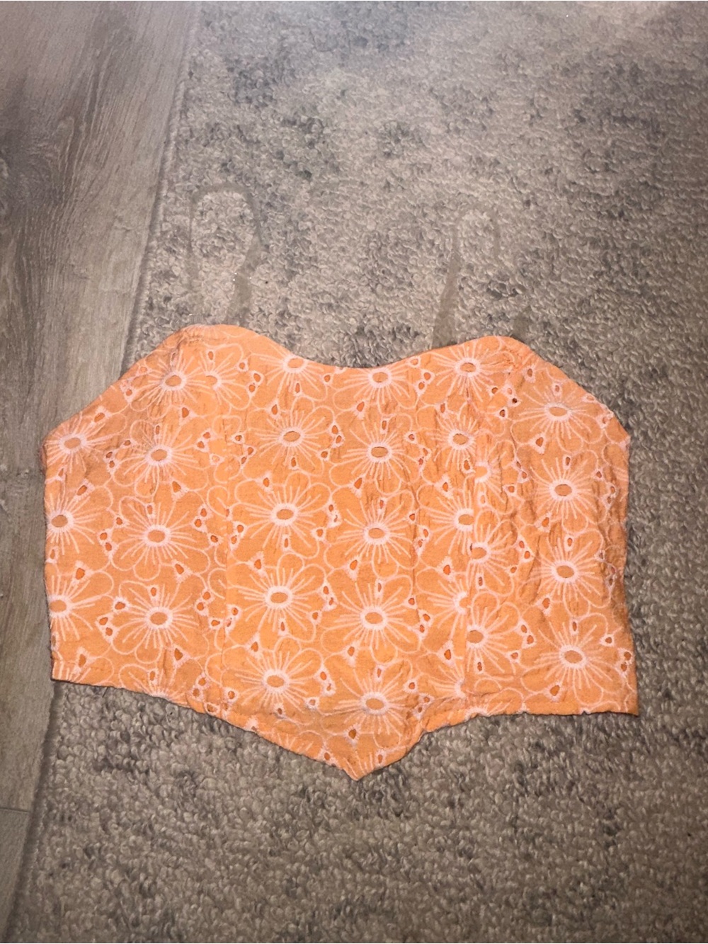 SHEIN Orange Floral Eyelet Strapless Crop Top